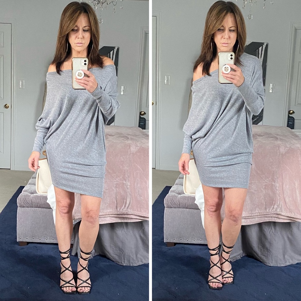 SWEATER DRESS Gray Off The Shoulder Asymmetrical Long Sleeve SMALL